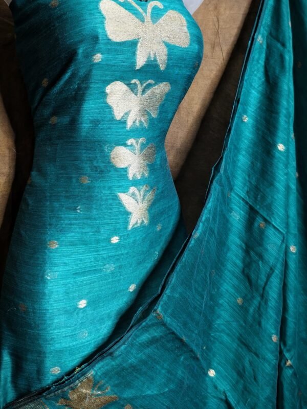 New Butterfly Deep Aqua Muga Cotton Unstitched Jamdani Suit Set