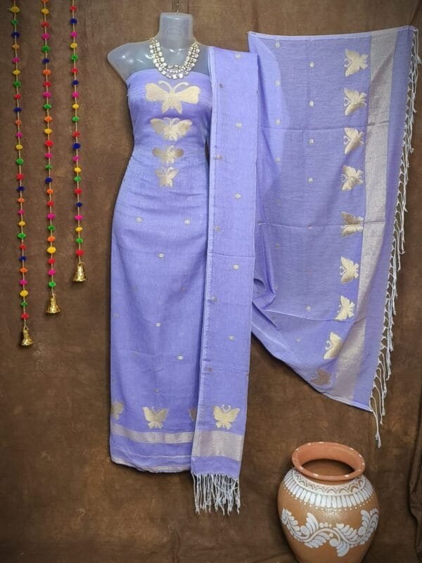 New Butterfly Dull Lavender Muga Cotton Unstitched Jamdani Suit Set