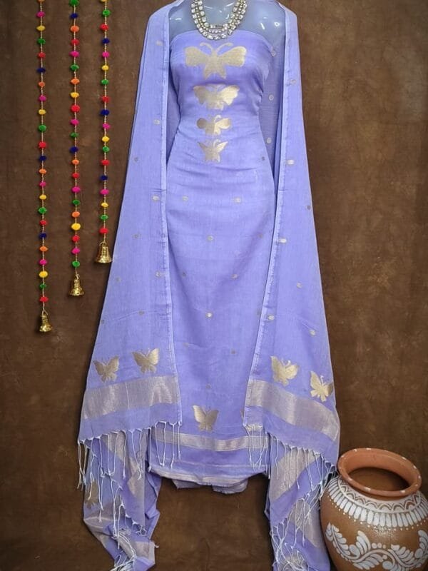New Butterfly Dull Lavender Muga Cotton Unstitched Jamdani Suit Set