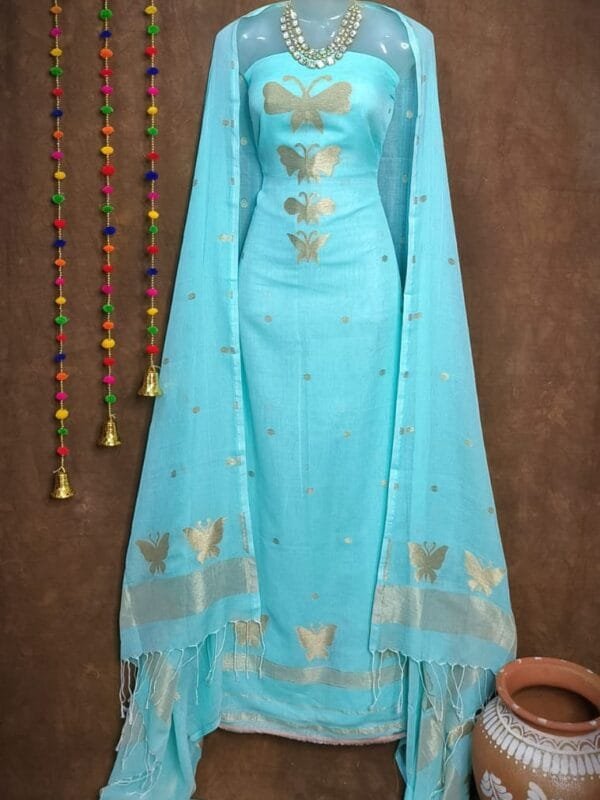 New Butterfly Ice Blue Muga Cotton Unstitched Jamdani Suit Set