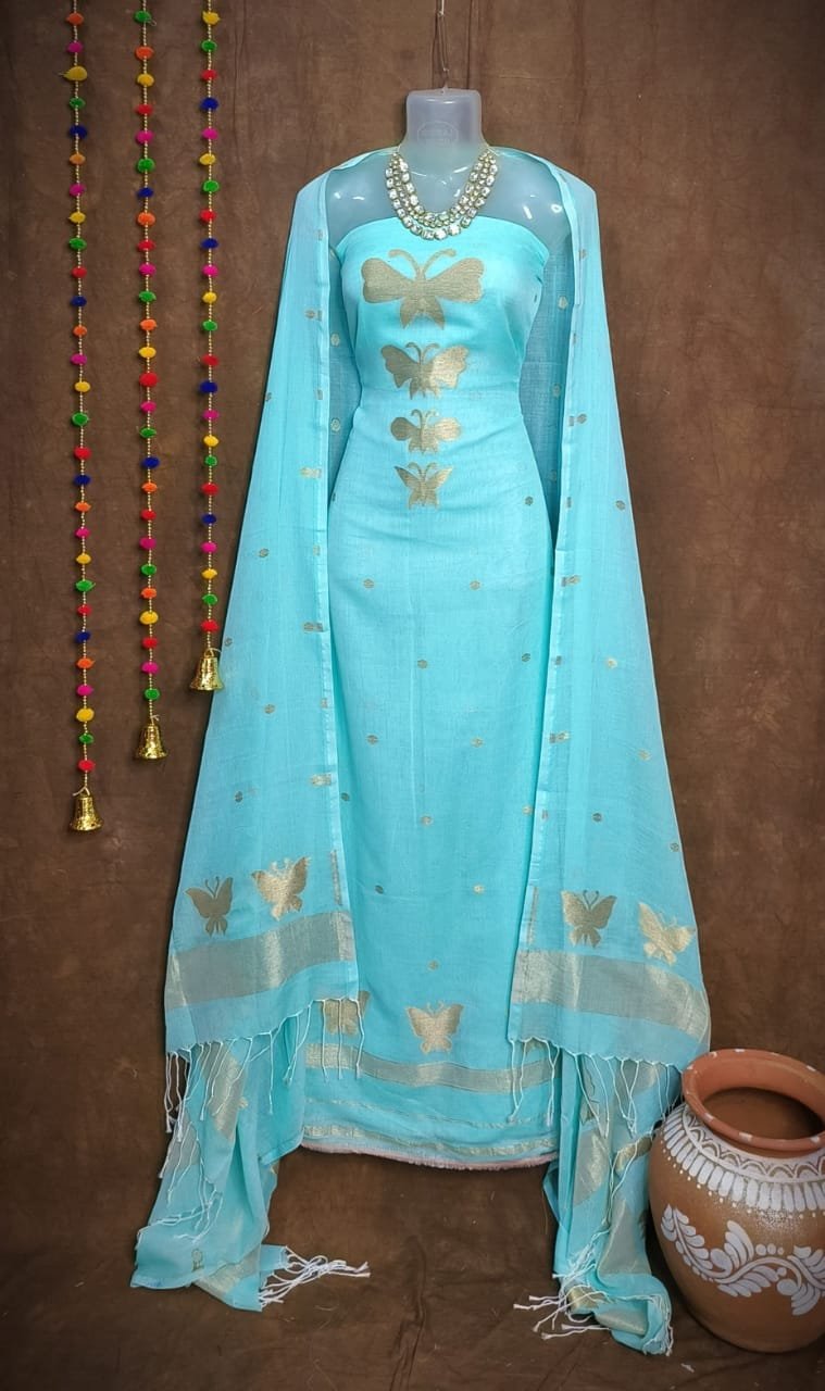 Butterfly-Gold Ice Blue Unstitched 2 Piece Jamdani Suit Set 1 New Butterfly Ice Blue Muga Cotton Unstitched Jamdani Suit Set