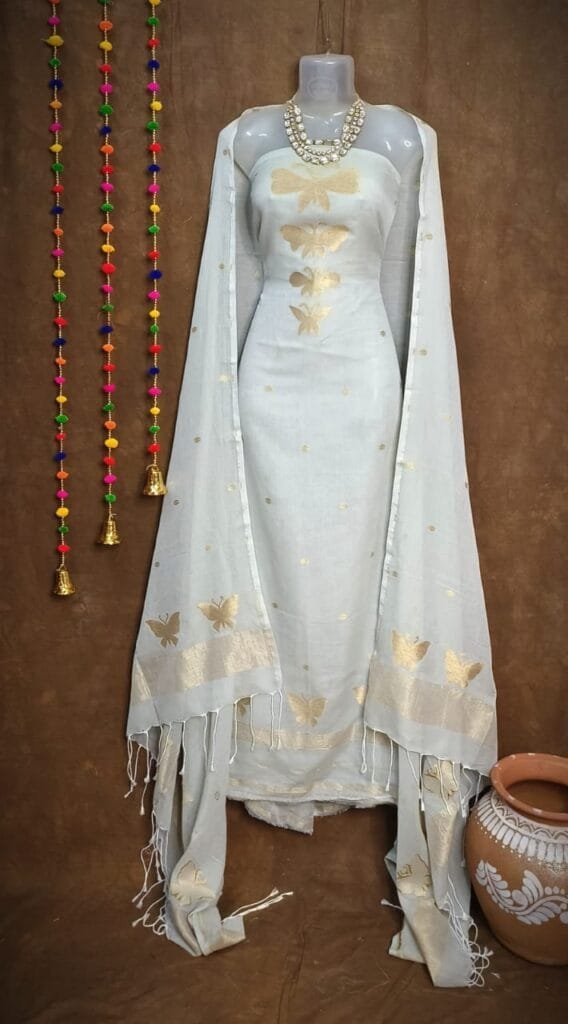 New Butterfly Light Grey Muga Cotton Unstitched Jamdani Suit Set