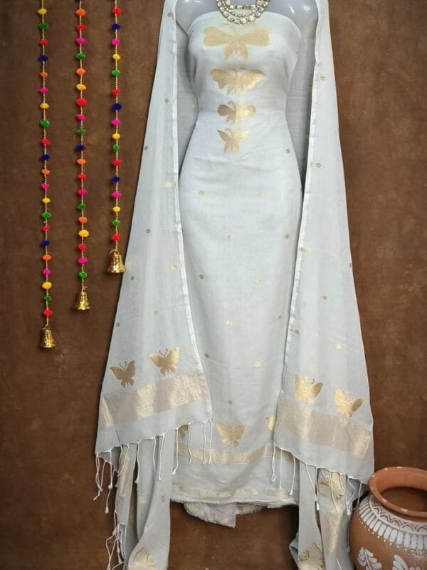 New Butterfly Light Grey Muga Cotton Unstitched Jamdani Suit Set