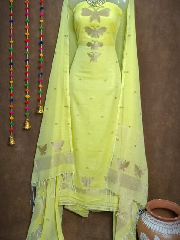 New Butterfly Light Lemon Muga Cotton Unstitched Jamdani Suit Set