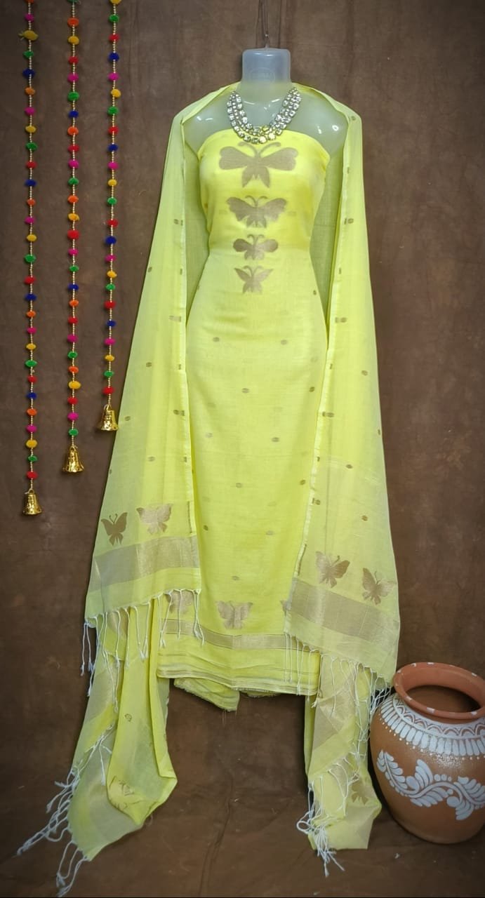 Butterfly-Gold Light Lemon Unstitched 2 Piece Jamdani Suit Set 1 New Butterfly Light Lemon Muga Cotton Unstitched Jamdani Suit Set