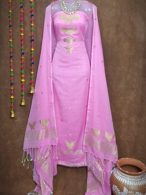 New Butterfly Light Pink Muga Cotton Unstitched Jamdani Suit Set
