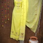New Butterfly Light Yellow Muga Cotton Unstitched Jamdani Suit Set