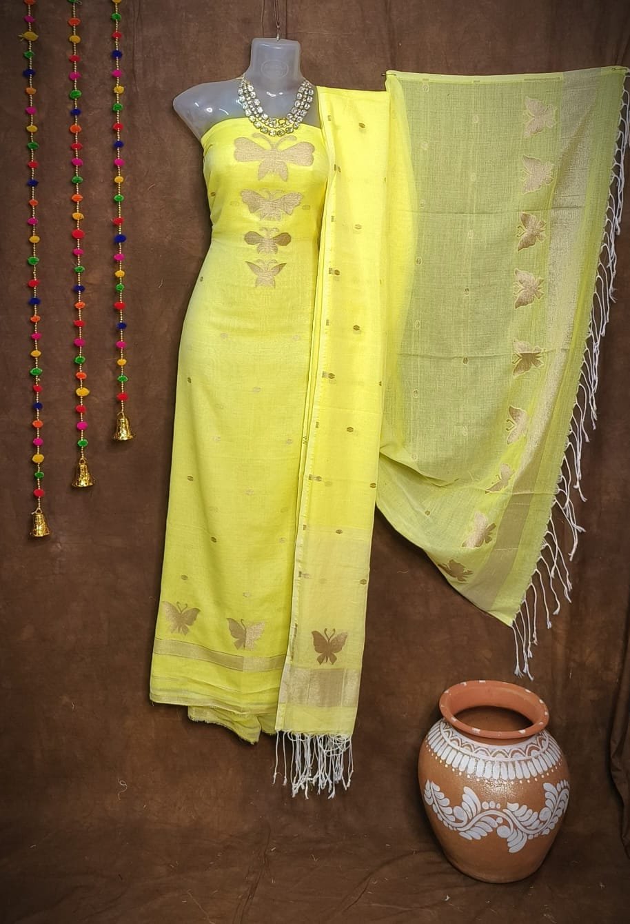 Butterfly-Gold Light Yellow Unstitched 2 Piece Jamdani Suit Set 1 New Butterfly Light Yellow Muga Cotton Unstitched Jamdani Suit Set