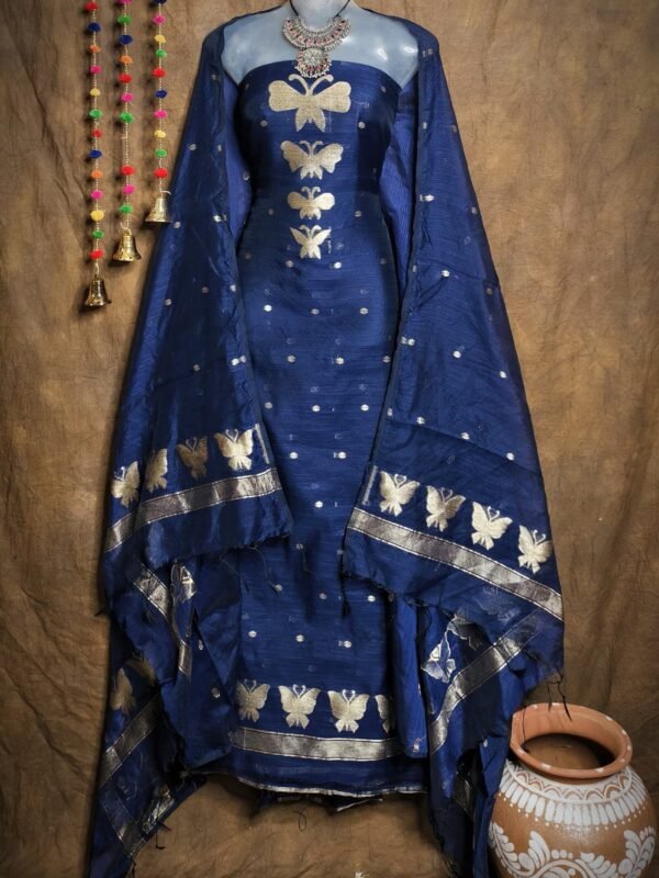 New Butterfly Navy Blue Muga Cotton Unstitched Jamdani Suit Set
