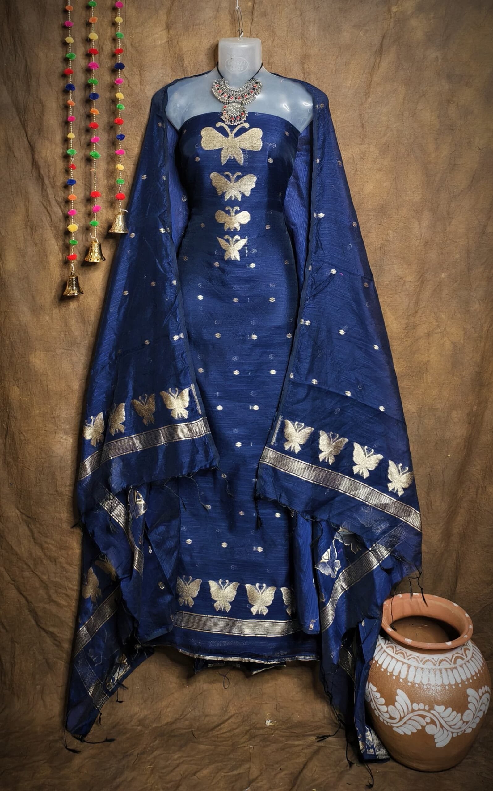 Butterfly-Gold Navy Blue Unstitched 2 Piece Jamdani Suit Set 1 New Butterfly Navy Blue Muga Cotton Unstitched Jamdani Suit Set