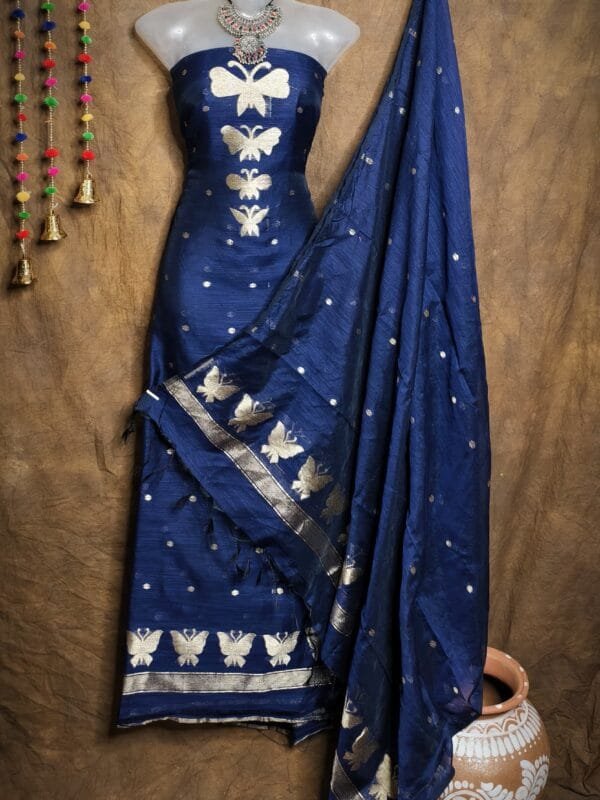 New Butterfly Navy Blue Muga Cotton Unstitched Jamdani Suit Set