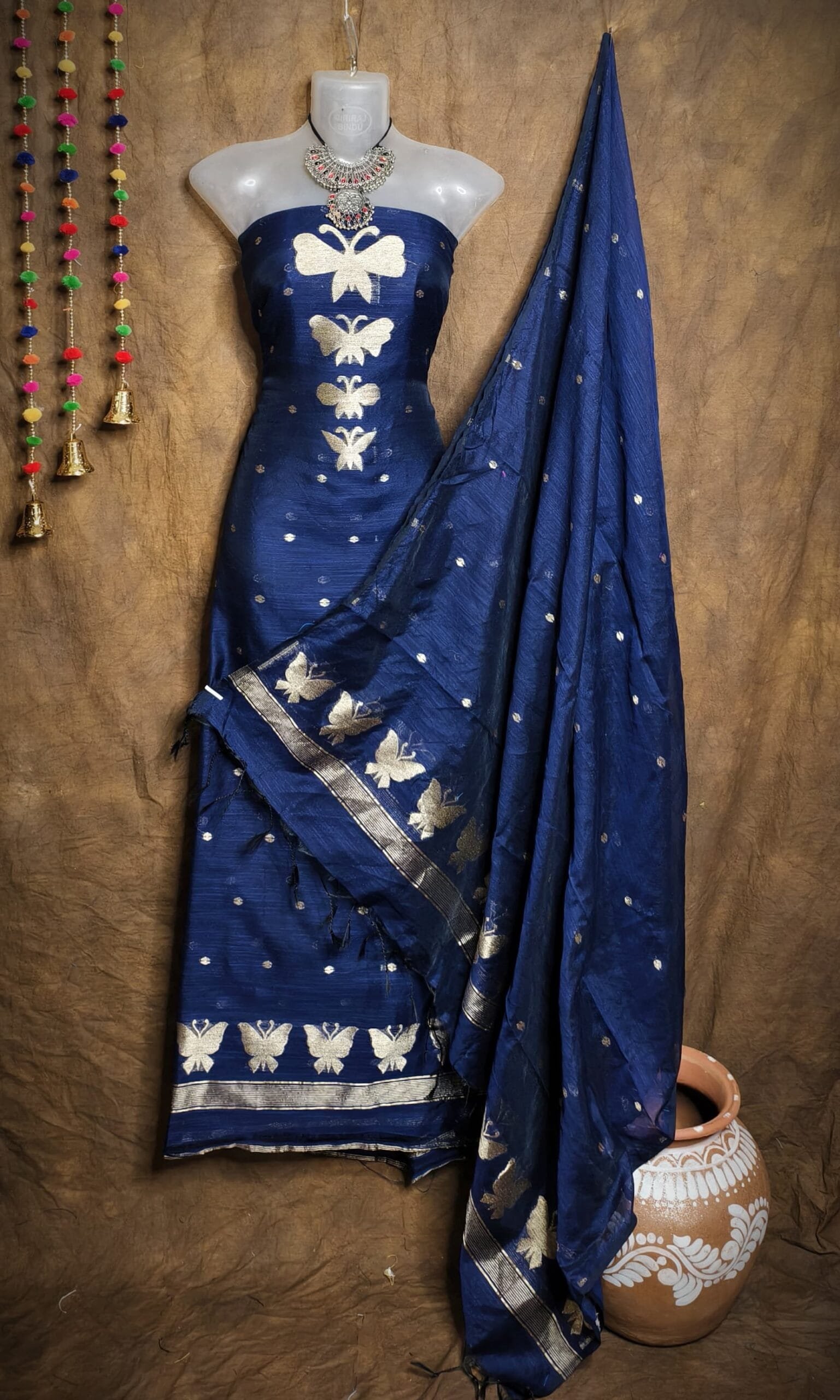 Butterfly-Gold Navy Blue Unstitched 2 Piece Jamdani Suit Set 2 New Butterfly Navy Blue Muga Cotton Unstitched Jamdani Suit Set