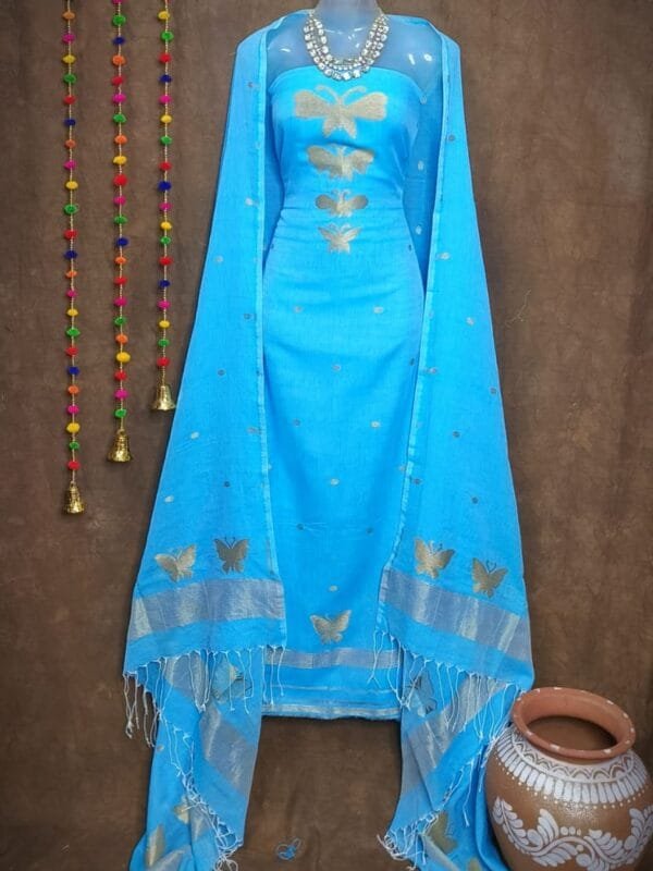 New Butterfly Sky Blue Muga Cotton Unstitched Jamdani Suit Set