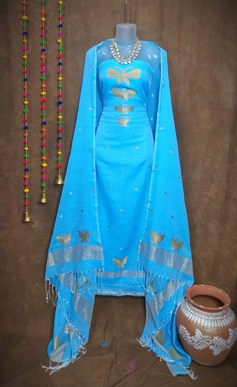 Butterfly-Gold Sky Blue Unstitched 2 Piece Jamdani Suit Set 1 New Butterfly Sky Blue Muga Cotton Unstitched Jamdani Suit Set