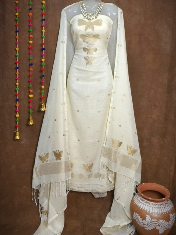 New Butterfly White Muga Cotton Unstitched Jamdani Suit Set