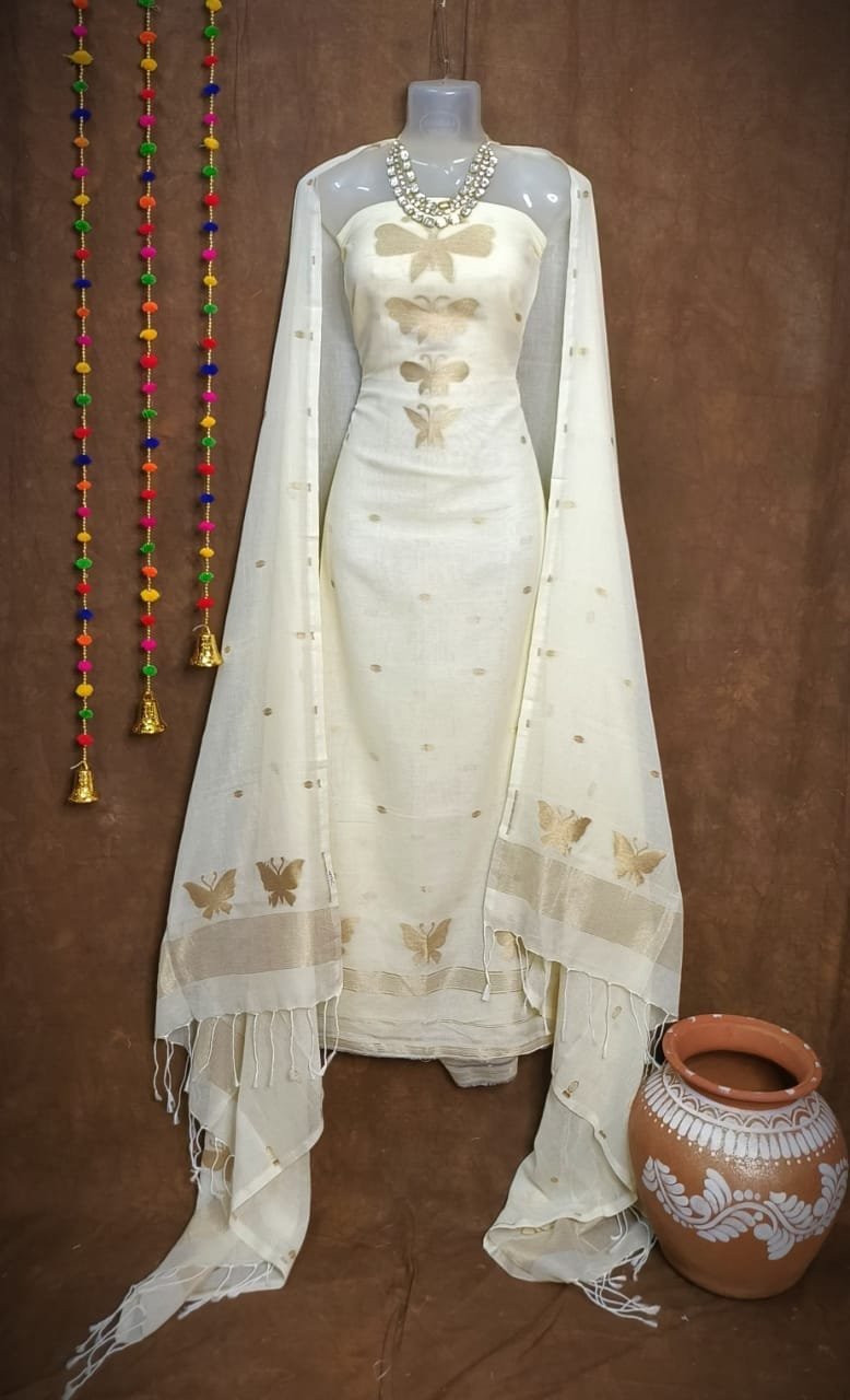 Butterfly-Gold White Unstitched 2 Piece Jamdani Suit Set 1 New Butterfly White Muga Cotton Unstitched Jamdani Suit Set