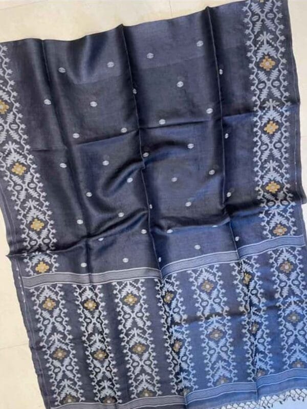 Carbon Grey Pure Gachi Tussar Handloom Jamdani Saree