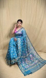 Teal Blue Soft Lota Jamdani Sari - Image 3