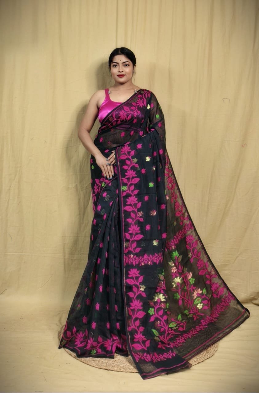 Black Soft Lota Jamdani Sari 1 Black Soft Lota Jamdani Sari