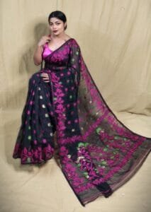 Black Soft Lota Jamdani Sari - Image 4