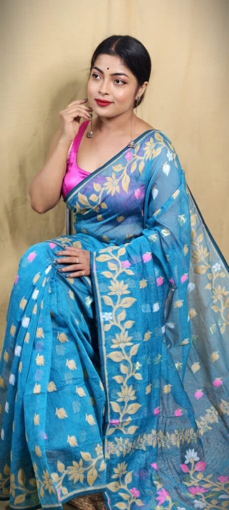 Teal Blue Soft Lota Jamdani Sari - Image 5