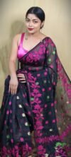 Black Soft Lota Jamdani Sari - Image 3