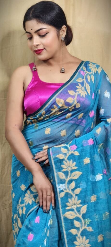 Teal Blue Soft Lota Jamdani Sari - Image 4