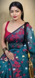 Bottle Green Soft Lota Jamdani Sari - Image 4