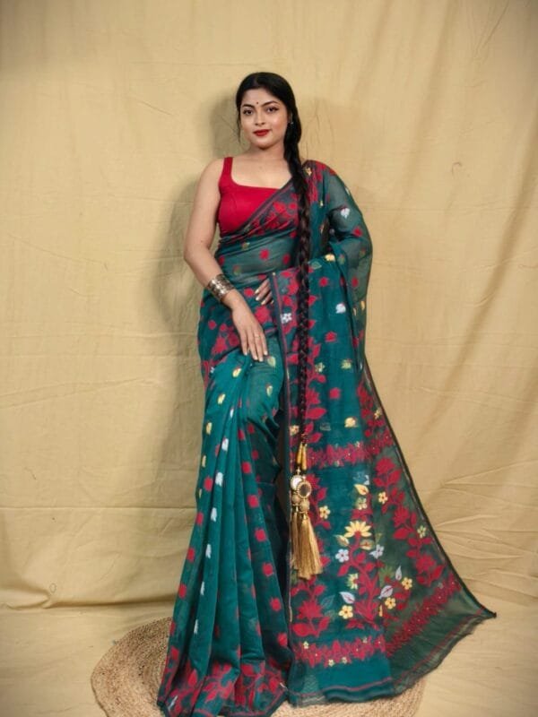 Bottle Green Soft Lota Jamdani Sari