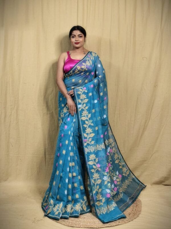 Teal Blue Soft Lota Jamdani Sari