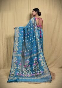Teal Blue Soft Lota Jamdani Sari - Image 2