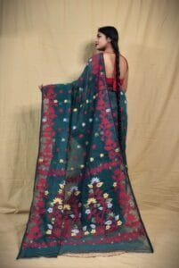 Bottle Green Soft Lota Jamdani Sari - Image 2