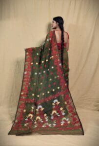 Green Soft Lota Jamdani Sari - Image 2