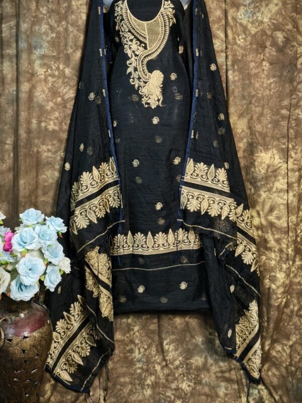 Kalka Black Muga Cotton Unstitched Jamdani Suit Set