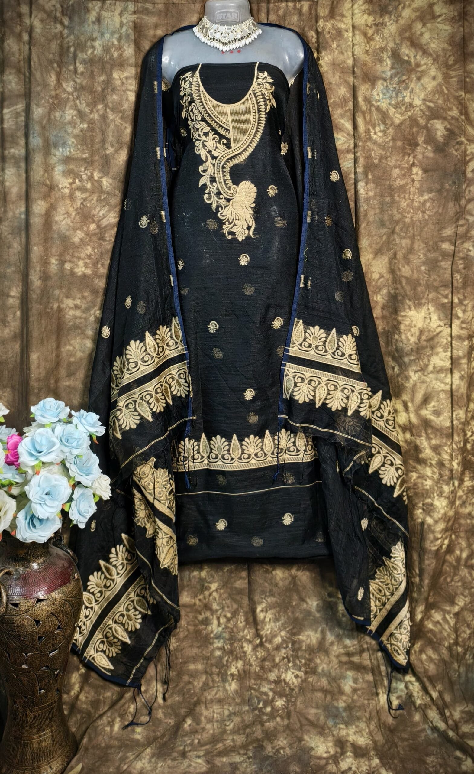 Kalka Black Muga Cotton Unstitched Jamdani Suit Set Kalka Black Muga Cotton Unstitched Jamdani Suit Set