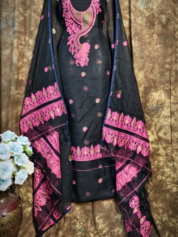 Kalka Black Muga Cotton Unstitched Jamdani Suit Set