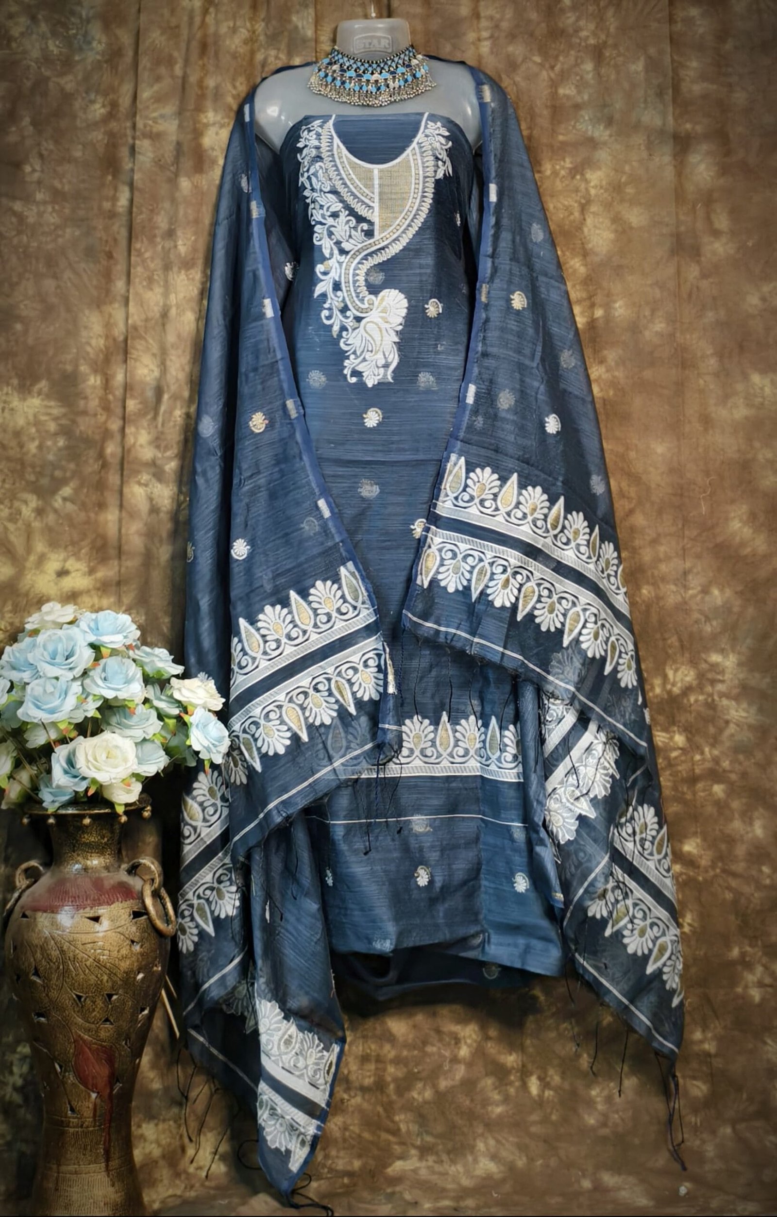 Kalka Dark Dusk Muga Cotton Unstitched Jamdani Suit Set Kalka Dark Dusk Muga Cotton Unstitched Jamdani Suit Set