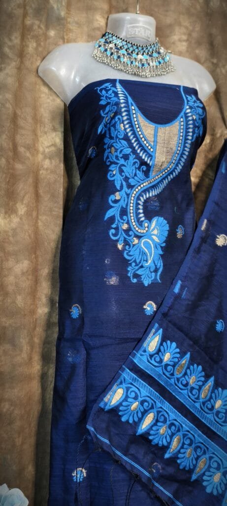 Kalka Dark Navy Blue Muga Cotton Unstitched Jamdani Suit Set