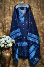 Kalka Dark Navy Blue Muga Cotton Unstitched Jamdani Suit Set