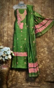 Kalka Dirty Green Muga Cotton Unstitched Jamdani Suit Set