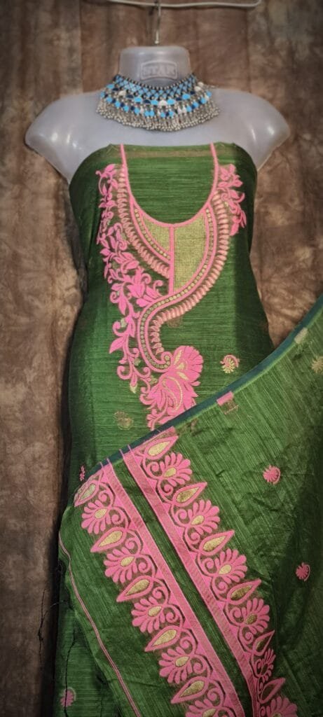 Kalka Dirty Green Muga Cotton Unstitched Jamdani Suit Set