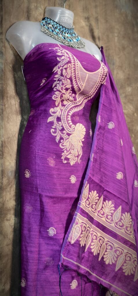 Kalka Grape Purple Muga Cotton Unstitched Jamdani Suit Set