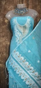 Kalka Ice Blue Muga Cotton Unstitched Jamdani Suit Set