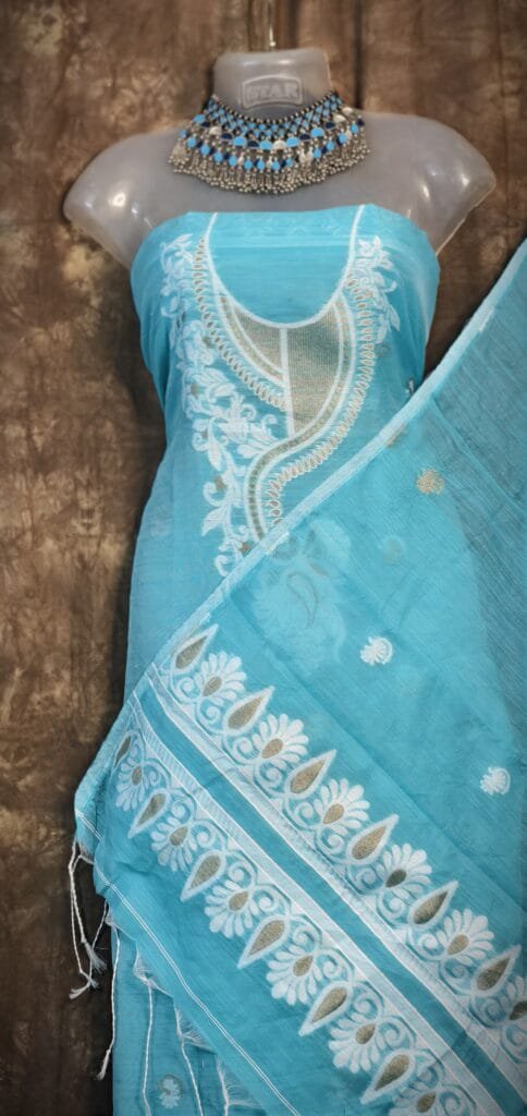 Kalka Ice Blue Muga Cotton Unstitched Jamdani Suit Set