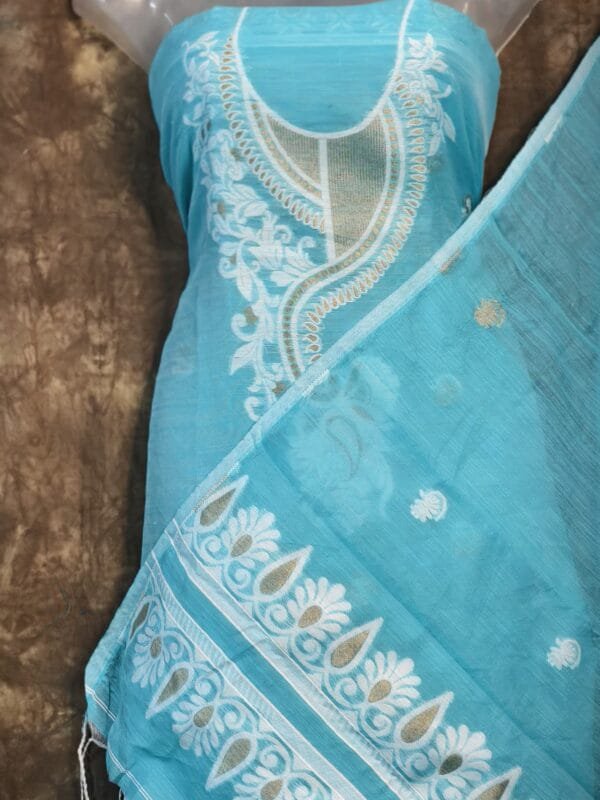 Kalka Ice Blue Muga Cotton Unstitched Jamdani Suit Set