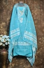 Kalka Ice Blue Muga Cotton Unstitched Jamdani Suit Set