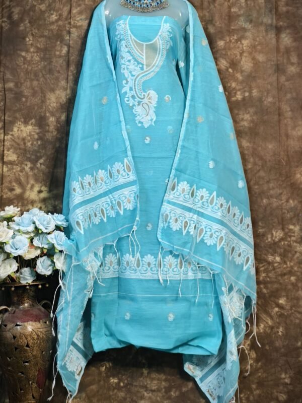 Kalka Ice Blue Muga Cotton Unstitched Jamdani Suit Set