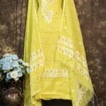 Kalka Lemon Yellow Muga Cotton Unstitched Jamdani Suit Set