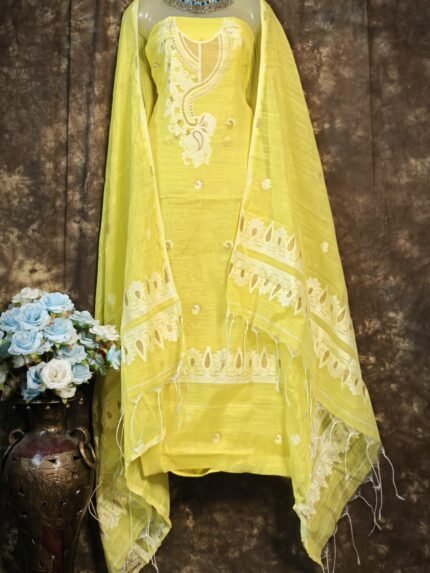 Kalka Lemon Yellow Muga Cotton Unstitched Jamdani Suit Set