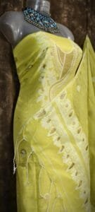 Kalka Lemon Yellow Muga Cotton Unstitched Jamdani Suit Set
